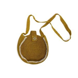 Mustard Yellow Round Crochet Shoulder Bag w Faux Pearl Detail + Beaded Snap